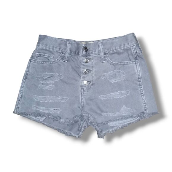 Hollister High Rise Denim Short Shorts-Size 1/25-Gray Wash-Distressed-Button Fly - Picture 1 of 8